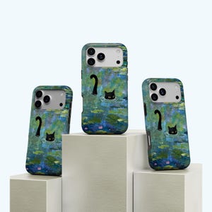 May include: Three phone cases with a design inspired by Monet's water lilies, featuring black cats swimming in the water. The cases have a green, blue, and pink color palette, with a glossy finish.