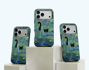 Black Cat Phone Case, Cute Phone Case, Cat Print Monet Waterlily Cover, iPhone 17 16 15 14 13 12 11 Pro Max, Samsung S25 S24 S23 S22