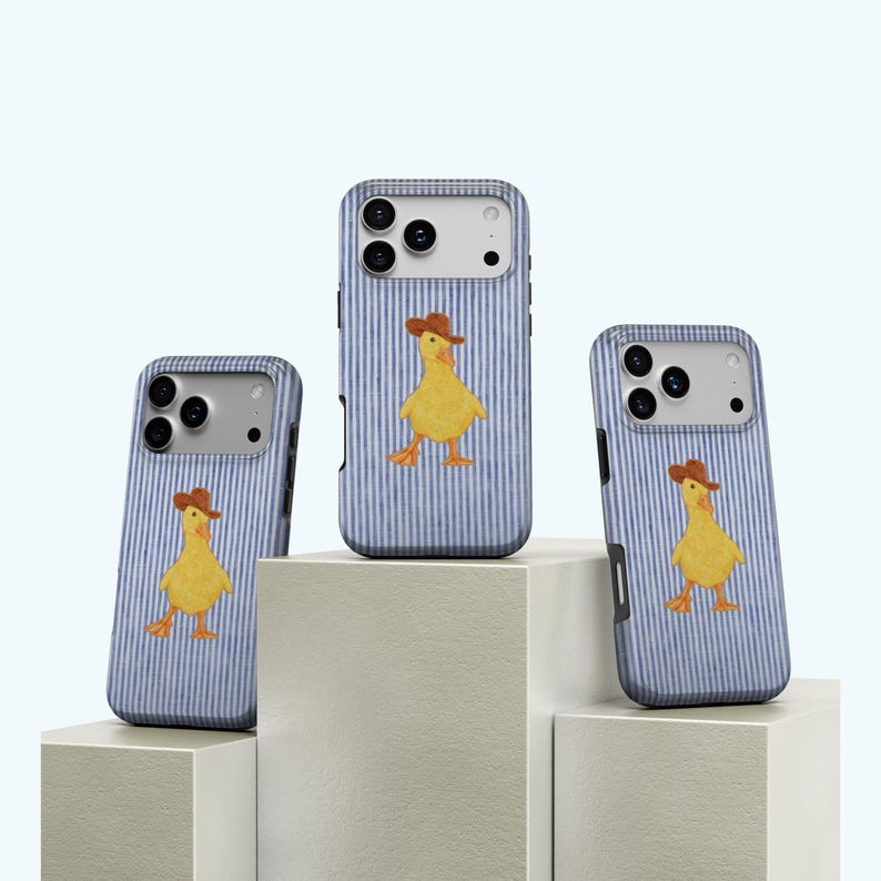 Blue Striped Denim Duck Phone Protective case, Cute Duckling Phone Case, iPhone 17 16 15 14 13 12 11 Pro Max, Samsung S25 S24 S23 S22