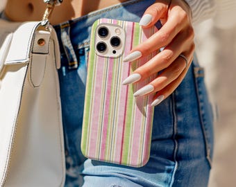 Pastel Stripe Phone Case, Pink & Green Vintage Aesthetic Cover, Soft Retro Cottagecore Protective Case, iPhone 17 16 15 14 13 12 11, Samsung
