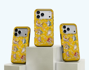 Cute Carton Cat Phone Case, Japanese Kitty Collage Cover, Kawaii Pet Collage, Cute Yellow Animal Cover, iPhone 17 16 15 14 13 12 11, Samsung