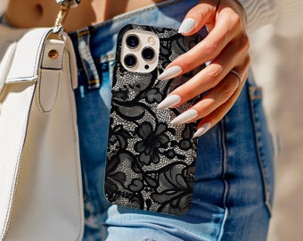 Black Lace Bride Pattern Stockings phone case, Elegant Floral Lace Pattern Phone Cover, iPhone 17 16 15 14 13 12 11 Pro Max, Samsung S25 S24