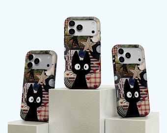 Black Cat Phone Case - Aesthetic Japan Kitty Art Cover, Gothic Collage Phone Cover, iPhone 17 16 15 14 13 12 11 Pro Max, Samsung S25 S24