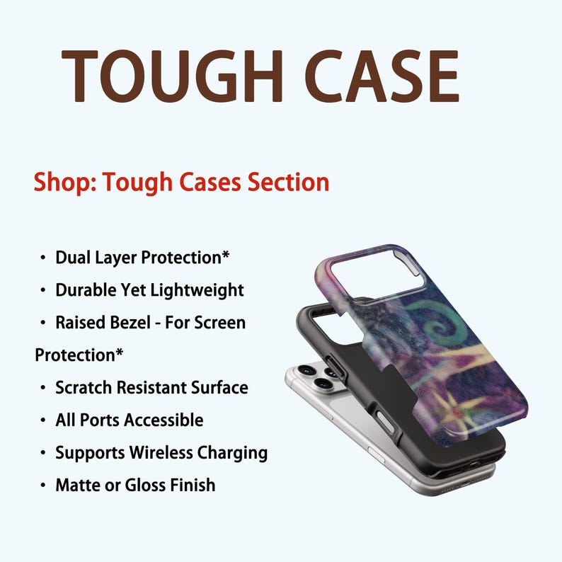 May include: A stack of three phone cases. The top case has a colorful abstract design. The middle case is black, and the bottom case is silver. Text on the image reads "TOUGH CASE" and "Shop: Tough Cases Section".