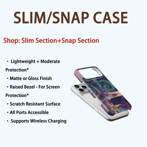 May include: A phone case with a colorful abstract design, featuring the text "SLIM/SNAP CASE". The case is shown in two parts, with the top piece slightly lifted. Additional text highlights features like scratch resistance and wireless charging support.