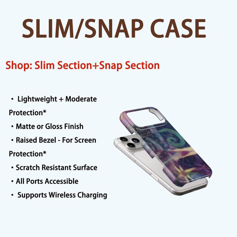 May include: A phone case with a colorful abstract design, featuring the text "SLIM/SNAP CASE". The case is shown in two parts, with the top piece slightly lifted. Additional text highlights features like scratch resistance and wireless charging support.
