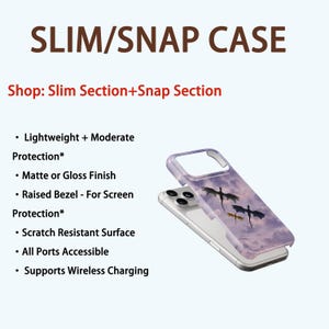 May include: A clear phone case with a purple sky and dragon design. The case is labeled "SLIM/SNAP CASE" and features a matte or gloss finish, scratch-resistant surface, and supports wireless charging.