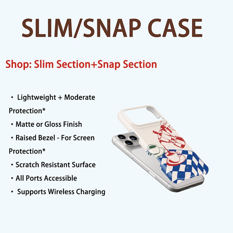 May include: A phone case with a red and blue design featuring coffee cups and a checkered pattern. The case is white and clear, and is labelled "SLIM/SNAP CASE". Features include scratch resistance and wireless charging support.