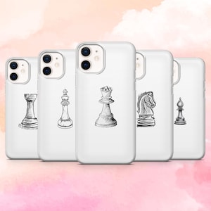 May include: A series of white phone cases, each displaying a black and white sketch of a chess piece. The chess pieces depicted are a rook, king, queen, knight, and bishop. The cases are arranged in a line.