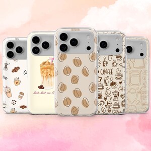 May include: Five clear phone cases with coffee-themed designs. The cases display illustrations of coffee beans, iced coffee, and coffee-related icons in brown, beige, and white. The cases are arranged in a row.