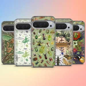 May include: A collection of five phone cases with insect-themed designs. The cases feature various bugs, butterflies, and beetles in green, white, and brown hues. One case has the word "Entomology" printed on it.
