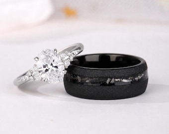 Couple Rings- Simulated Diamond 925 Sterling Silver, Tungsten Sandstone - Promise Rings for Couples