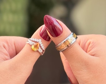 Nature Inspired Couple Ring Set, 925 Silver & Tungsten Promise Rings for Couples, Wedding Bands