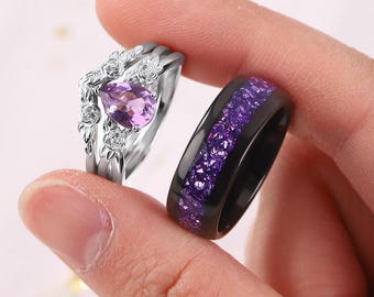Natural Amethyst Promise Rings for Couples, 925 Silver & Tungsten Wedding Rings, Matching Ring Set