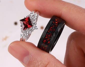 Natural Garnet Promise Rings for Couples, Matching Ring Set, Wedding & Engagement Couple Rings