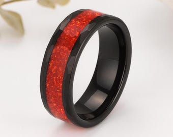 Glow in the Dark Meteorite Red Opal Tungsten Ring, Mens Wedding Band, Male Rings