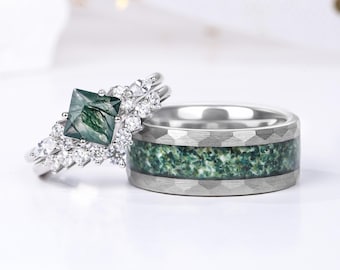 Natural Moss Agate Couple Rings, 925 Silver & Tungsten Matching Rings for Couples - Wedding Bands