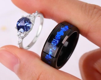 Blue Corundum Couple Rings – 925 Silver & Sandstone Tungsten Promise Rings for Couples - Matching Ring