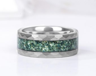 Anillo de boda para hombre de acero de tungsteno con ágata musgosa - Anillo para hombre - Anillos masculinos
