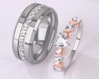 Heart Simulated Diamonds Promise Rings for Couples - Wedding & Engagement Couple Ring Set - Matching Rings