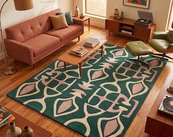 Mid Century Modern Green Geometric Area Rug | Retro 70s Abstract Pink & Cream Carpet | Vintage Style Boho Living Room, Bedroom Decor, 10X14.