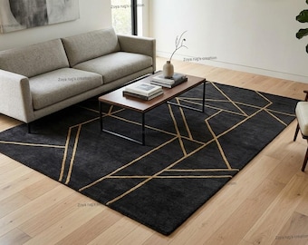 Modern Black and Gold Geometric Area Rug, Art Deco Living Room Carpet, Mid Century Modern Floor Rug, Luxury Minimalist Rug for Bedroom, 9X12