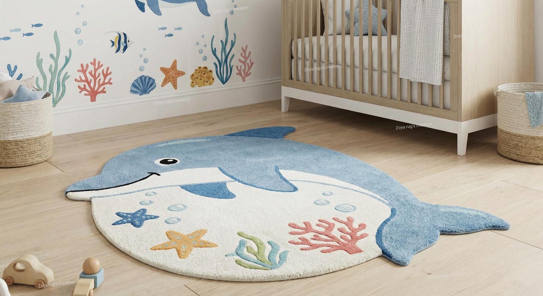 Dolphin Shape Kids Rug, Ocean Nursery Rug, Dolphin Area Rug, Marine ...