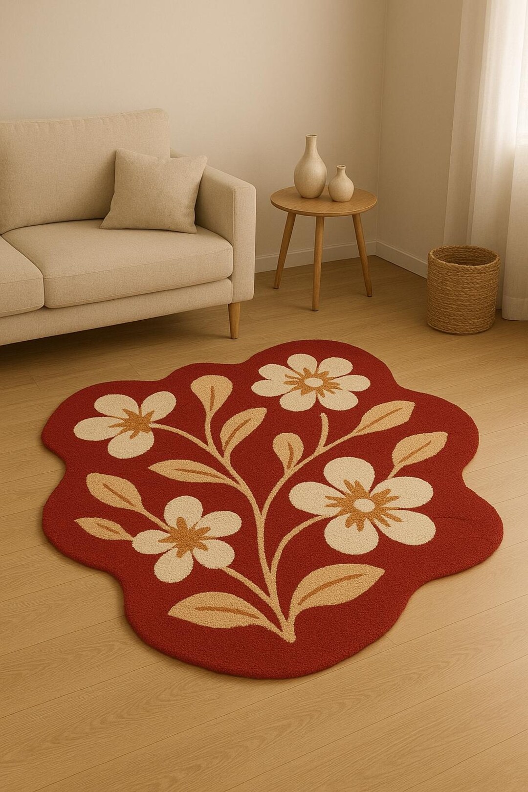 Red Floral Shaped Rug – Modern Flower Design Carpet for Living Room ...