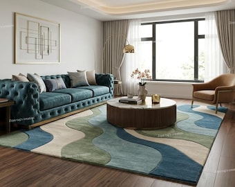 Modern Abstract Wavy Area Rug, Teal Blue, Sage Green & Ivory Hand-Tufted Luxury Rug, Contemporary Carpet for Living Bedroom Rug, 9X12.