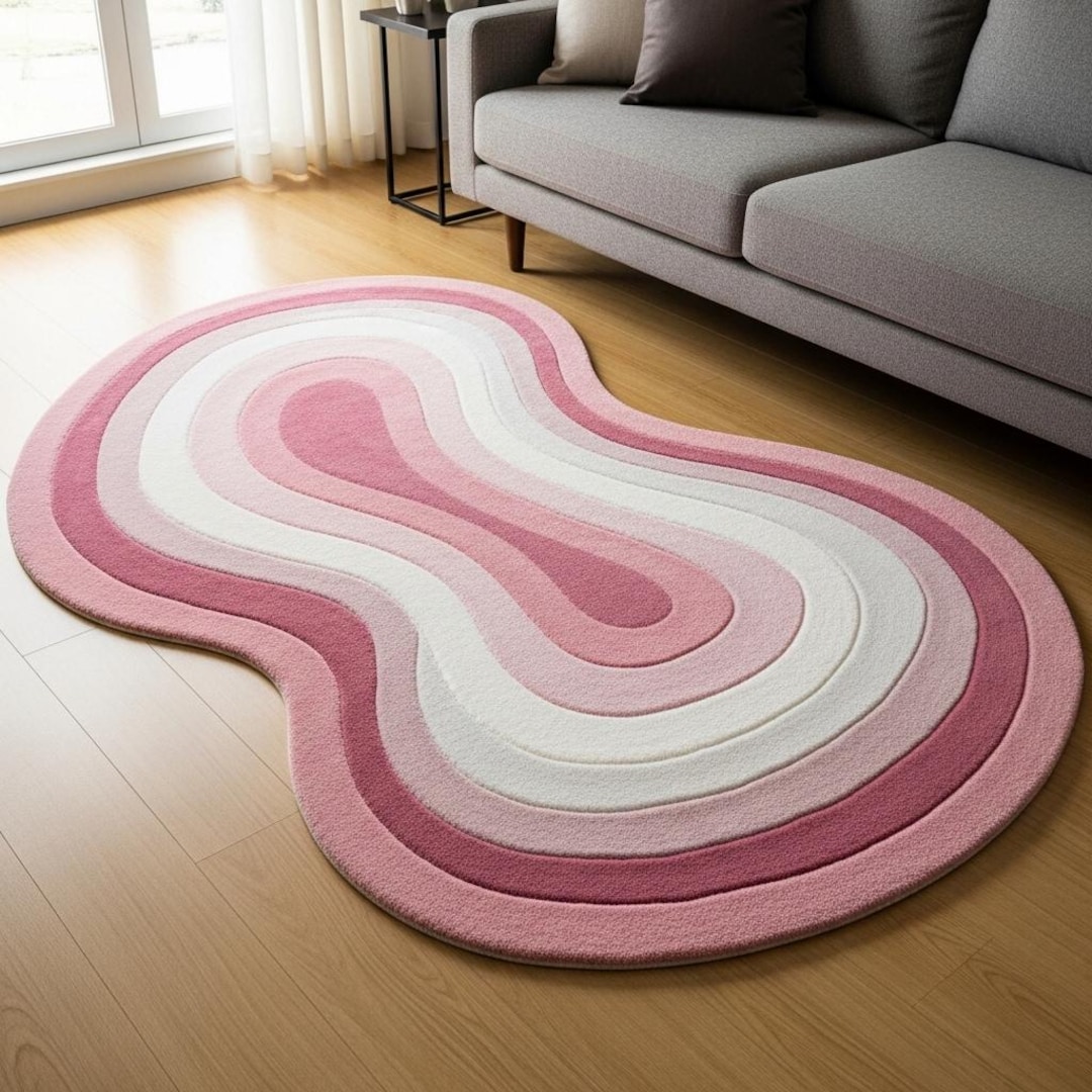 Modern Abstract Pink and White Wavy Rug – Retro Aesthetic Accent Carpet ...