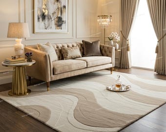 Modern Abstract Wavy Area Rug | Beige and Cream Neutral Living Room Carpet | Contemporary Luxury Floor Rug | Minimalist Bedroom Decor, 9X12.