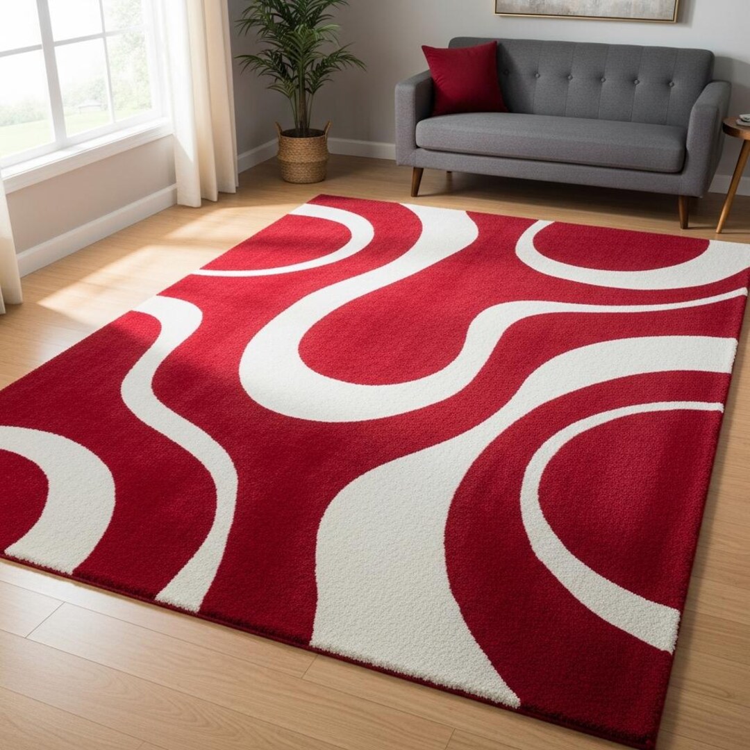 Modern Rug Red Pattern Modern Red & White Abstract Wave Area Rug | Contemporary Living Room ...