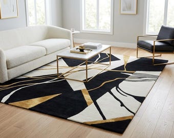 Modern Abstract Black Gold Area Rug, Luxury Geometric Carpet, Contemporary Living Room Rug, Handmade Tufted Rug, 6X10 /9X12.
