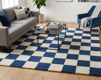 Blue White Check Area Rug, Modern Geometric Living Room Carpet, Scandinavian Floor Rug, Cozy Bedroom Decor, Contemporary Accent Rug, 8X10.