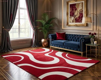 Red and White Abstract Wave Rug | Modern Swirl Area Rug for Living Room | Retro Mid Century Contemporary Carpet | Plush Tufted Floor Decor.