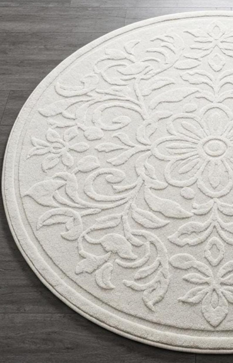 Round Embossed Floral Rug Soft Textured White Carpet Elegant Mandala ...