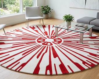 Round Red and White Area Rug | Modern Sunburst Carpet | Bold Abstract Graphic Circular Rug for Living Room | Hand Tufted Accent Rug, 7X7/9X9