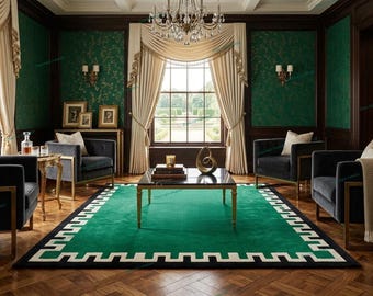 Emerald Green Area Rug with Black and White Greek Key Border | Modern Tufted Living Room Rug I Luxury Room Decor Rug, Custom Size. 8X10/9X12
