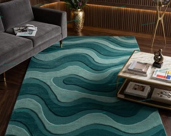 Emerald Green Wave Area Rug, Teal Abstract 3D Textured Carpet, Modern Tufted Living Room Rug, Ocean Inspired Organic Contemporary Decor,8X10