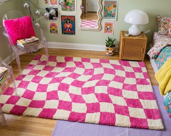 Wavy Checkerboard Rug, Pink Checkered Area Rug, Y2K Room Decor, Preppy Room Decor, Maximalist Dopamine Decor, Funky Retro Checkered Rug,8X10