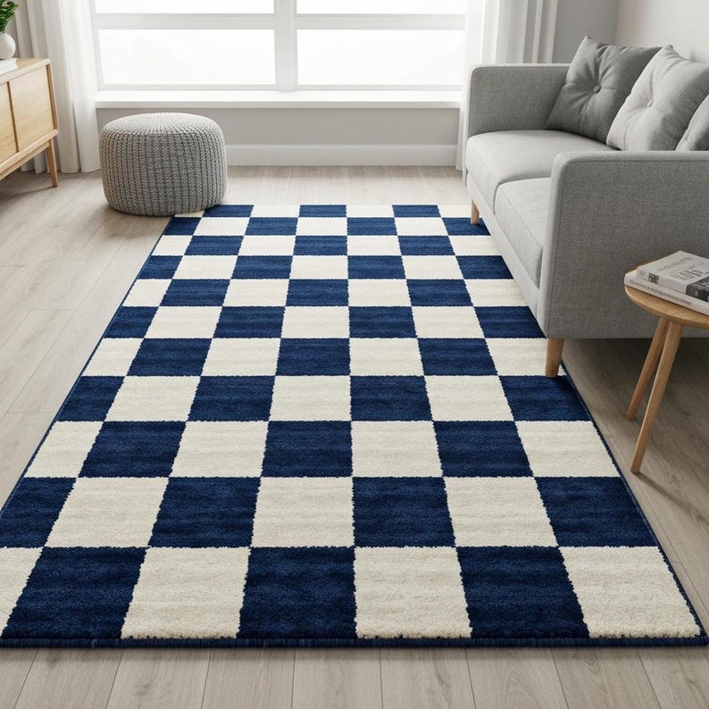 Navy Blue & White Checkered Rug | Modern Checkerboard Area Carpet ...