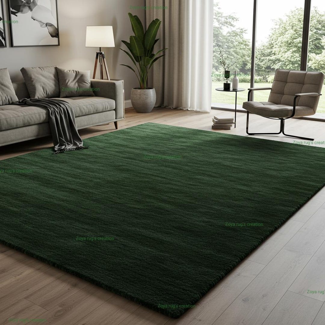 Monochramatic Green Rug Dark Green Solid Area Rug | Modern Minimalist Living Room Carpet | Hand ...