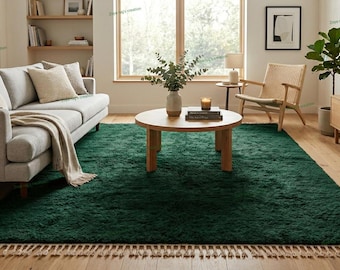 Hand Loom Knotted Emerald Green Area Rug, Luxury Wool Carpet with Tassels, Modern Living Room Rug, Handmade Bedroom Rug, 8X10 /10X14.
