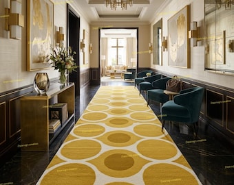 Premium Gold Yellow & White Geometric Runner Rug | Luxury Mid-Century Modern/Art Deco Design for Entryways, Hallways, Custom Size Rug, 3X12.