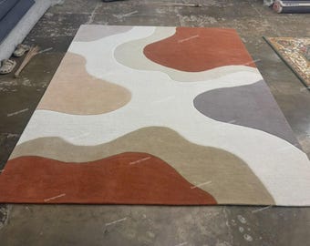 Abstract Hand Tufted Area Rug, Modern Geometric Wool Rug, Neutral Beige Rust Carpet, Contemporary Living Room Rug, Costom Size Rug,8X10/9X12