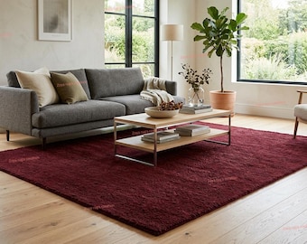 Burgundy Shag Area Rug, Plush Soft Living Room Rug, Modern Fluffy Carpet, Handmade Floor Rug, Luxury Bedroom Rug, Deep Red Home Decor, 9X12.