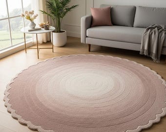Scalloped Edge Round Rug | Blush Pink Ombre Area Rug | Gradient Tufted Carpet | Aesthetic Boho Nursery Decor | Cute Bedroom Scallop Rug,8X8.