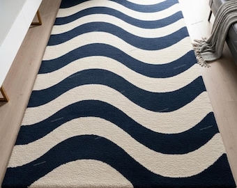 Navy Blue Wave Area Rug, Modern Abstract Wavy Carpet, Scandinavian Living Room Rug, Contemporary Floor Rug, Minimalist Home Decor Rug, 7X10.