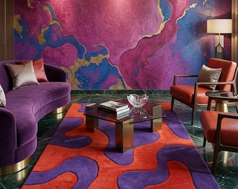 Contemporary Abstract Area Rug | Luxury Orange & Deep Purple Hand-Tufted Rug | Postmodern Designer Floor Art for Elegant Living Spaces Rug.