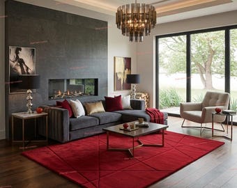 Modern Geometric Red Area Rug | Carved Plush Carpet for Living Room | Solid Red Tufted Bedroom Rug | Contemporary Minimalist Home Decor,8X10